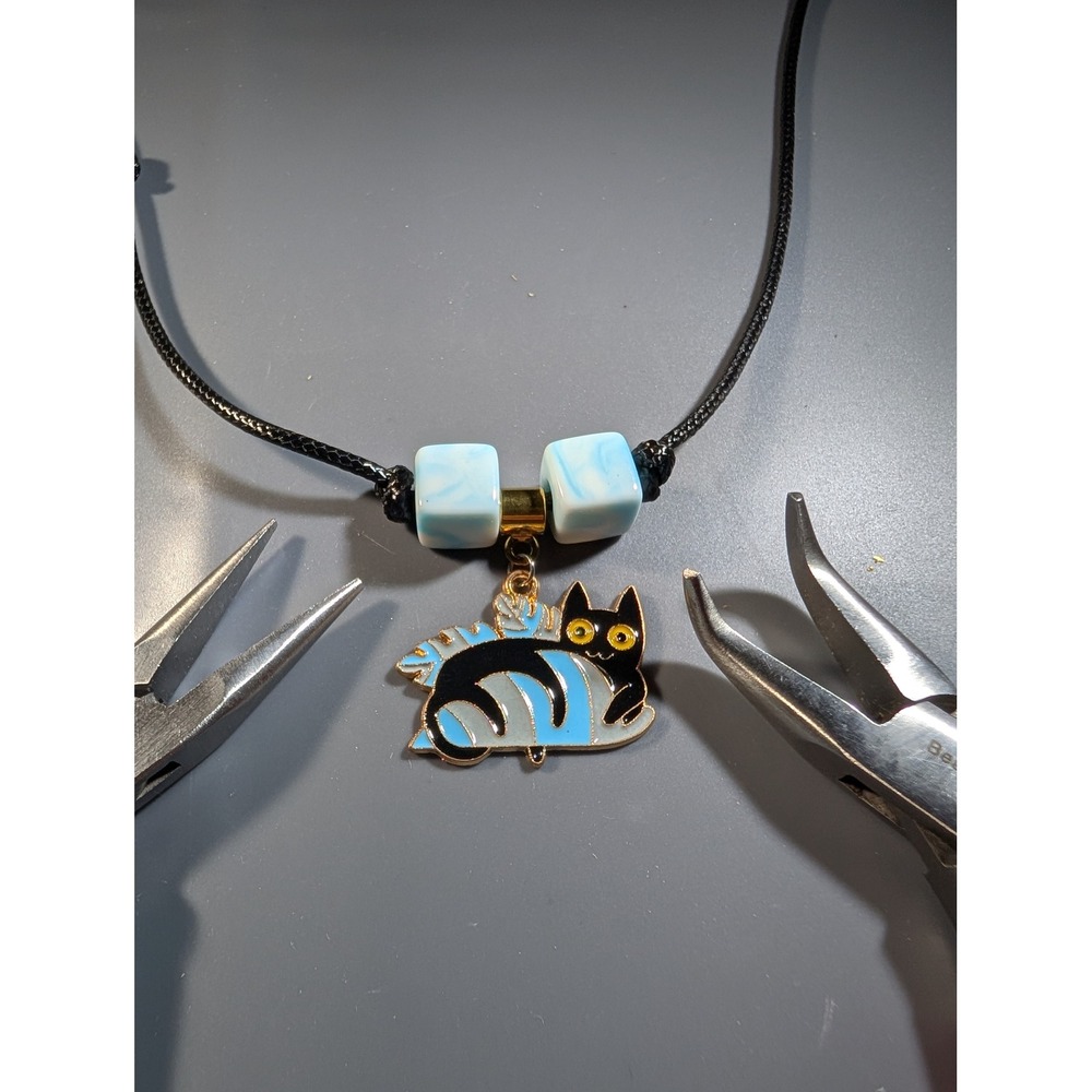 Handmade Black Cat Enamel Charm Necklace Blue Marbled Beads Adjustable Cord